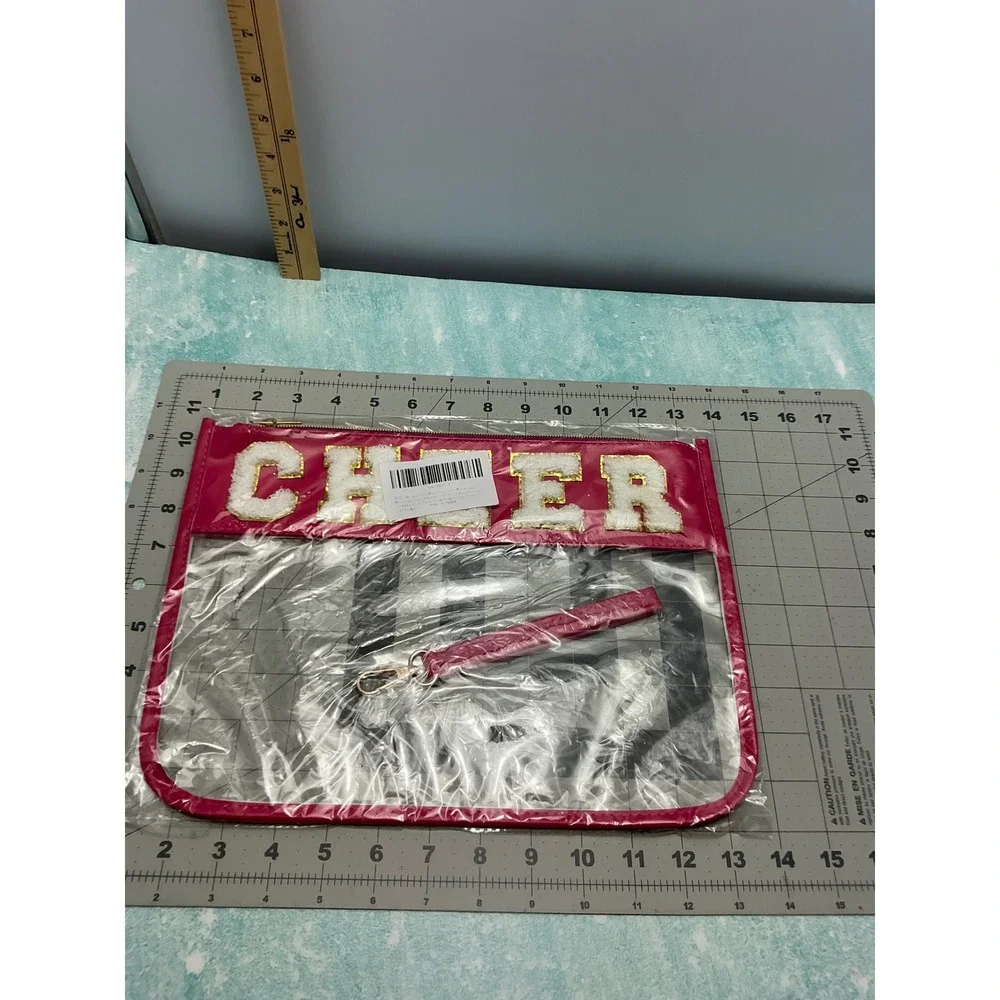 Burskit Pink Clear Cheer Bag Chenille Patch Stadium Approved Wristlet Pouch NEW‎